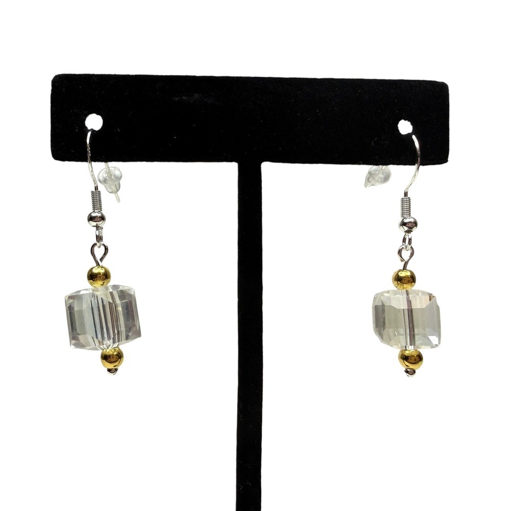 Sterling Silver 925 Hooks Clear Crystal Glass Cube Dangle Earrings Gold Accent